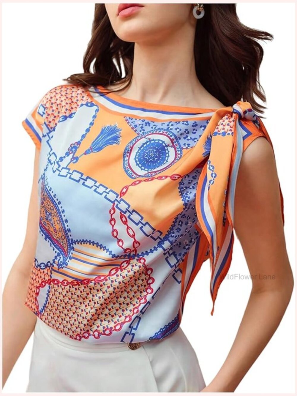 Boho T-Shirt Crewneck Tie Bow Blouse Sleeveless Tunic Top